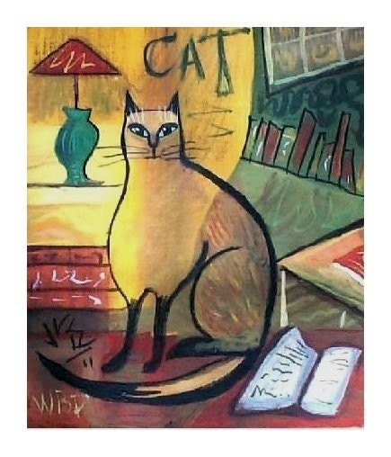 SIAMESE CAT Literary Kitty SIGNED ART PRINT Folk Art ABSTRACT