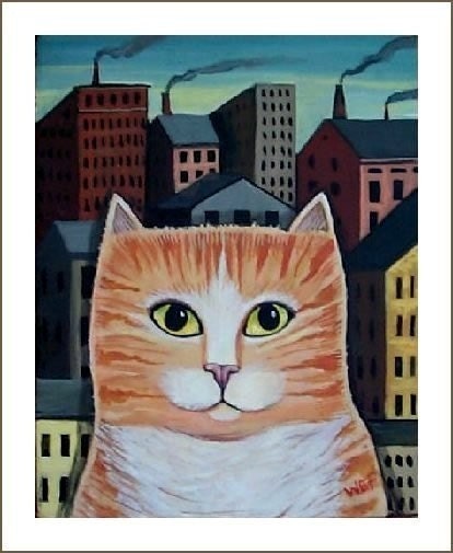 CITY CAT Urban Kitty FOLK ART PRINT Wendy Presseisen MODERN CAT POSTER Fun Feline ART