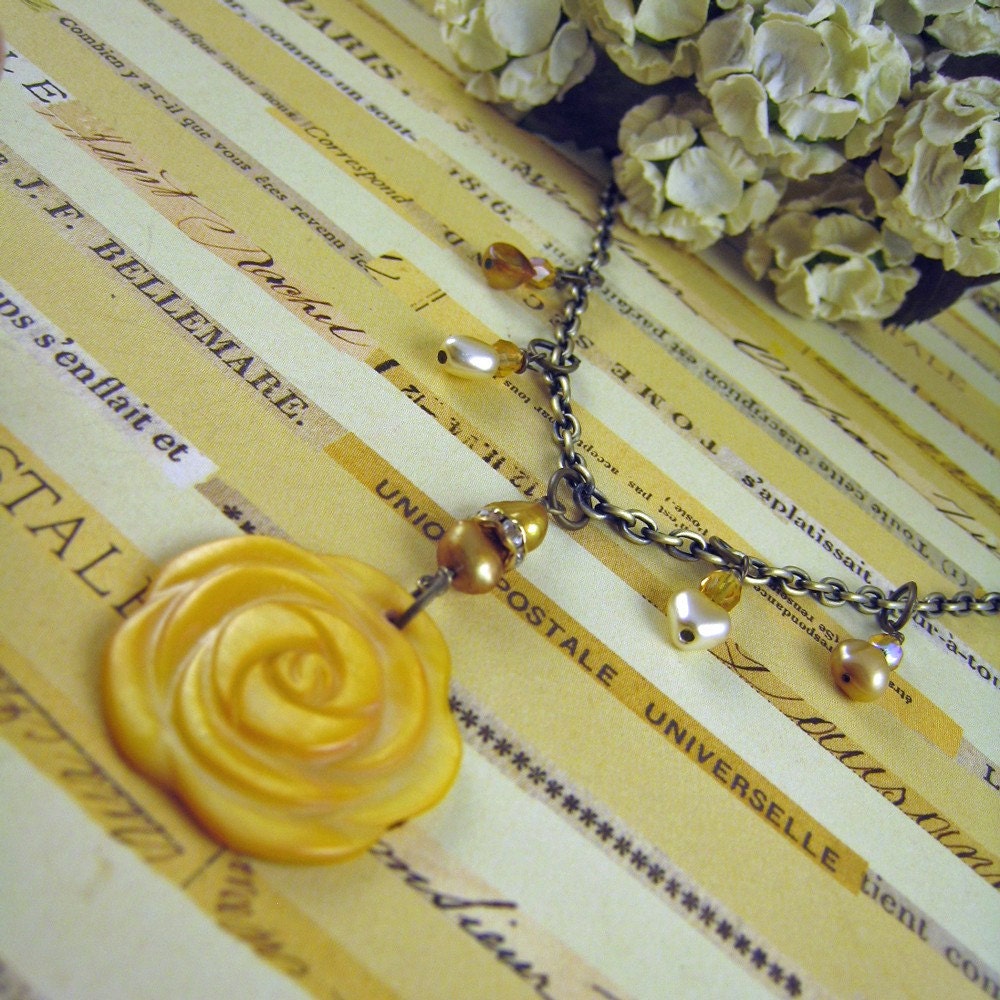 TEXAS ROSE  Vintage Inspired Antique Brass, Pearl, Shell and Crystal 16 inch Necklace 