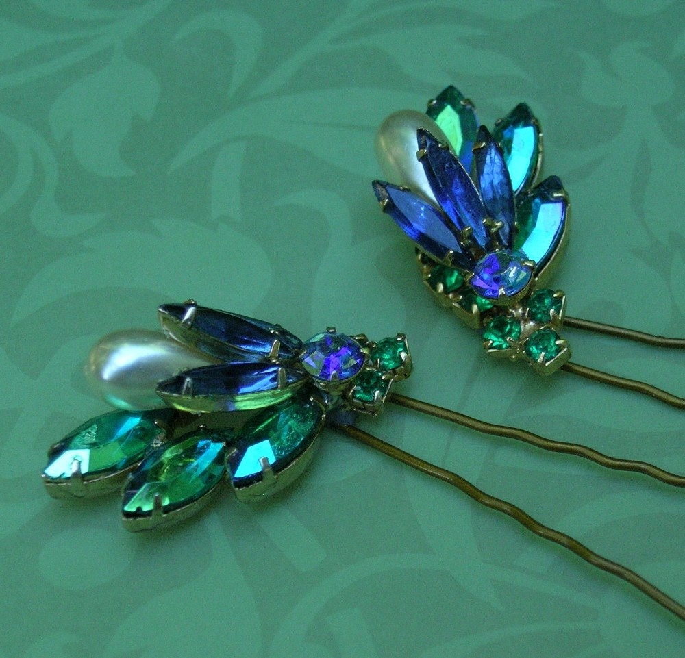 Blue and Green Rhinestone Hairpins