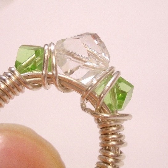 Crystal and Peridot Swarovski crystal wire wrapped sterling silver ring size 4.5
