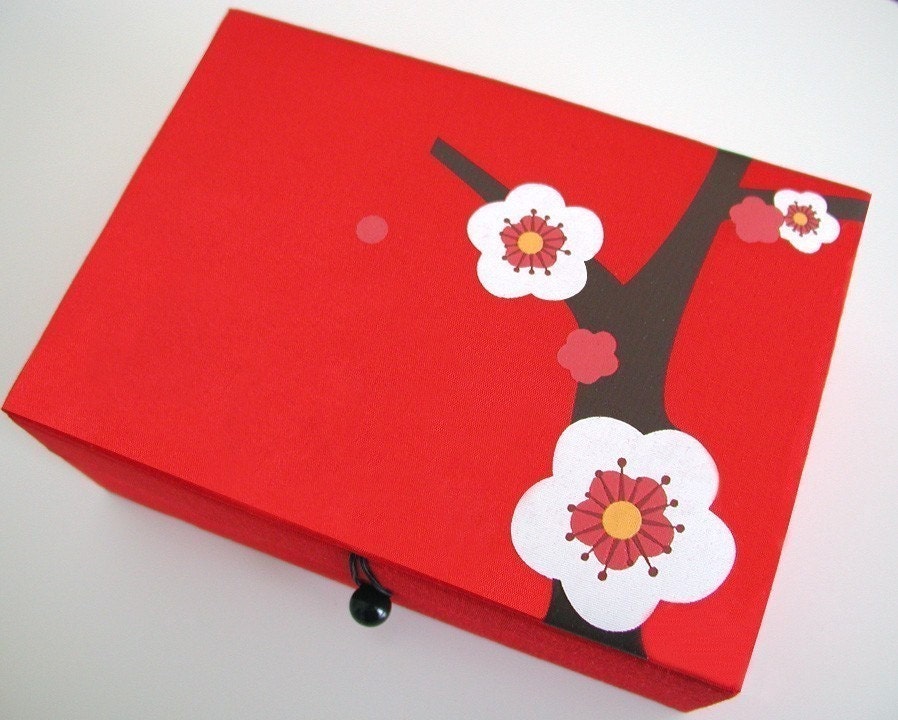 Red Cherry blossoms jewelry box, large
