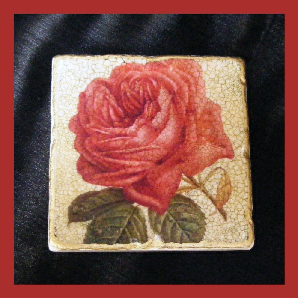 TUMBLED TILE COASTERS-Unique and Beautiful-SET OF FOUR-A ROSE IS A ROSE-UNTIL YOU SEE THIS ONE-RED AND PERFECT WITH A CRACKLE BACKGROUND