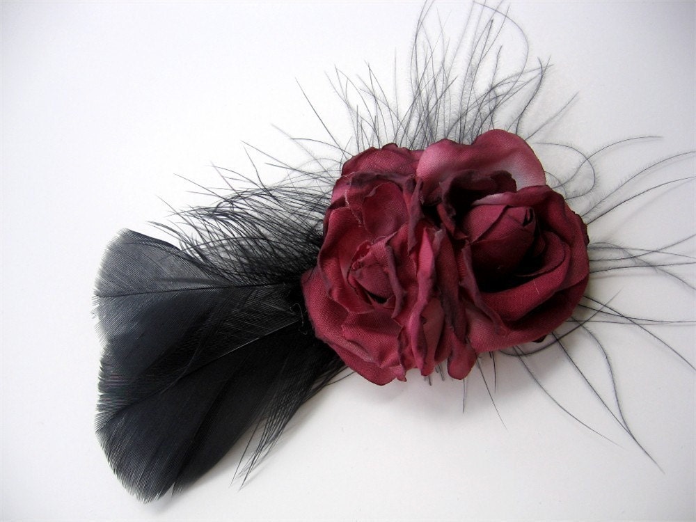 Claret Double Roses Feather Hair Clip