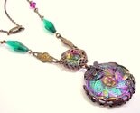 Dreaming in Color - Brass Filigree Wrapped Czech Button Glass Necklace with Dragonfly - Katofmanycolors