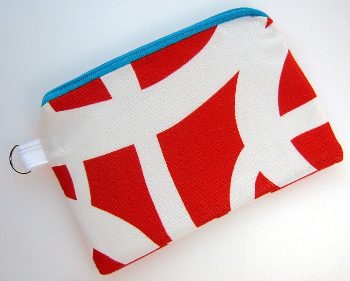 COIN PURSE WALLET Red White Aqua Blue Lined Zippered Pouch 3695