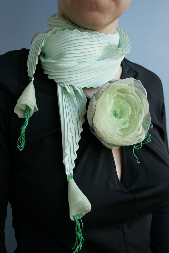 Green SCARF with green peony PIN