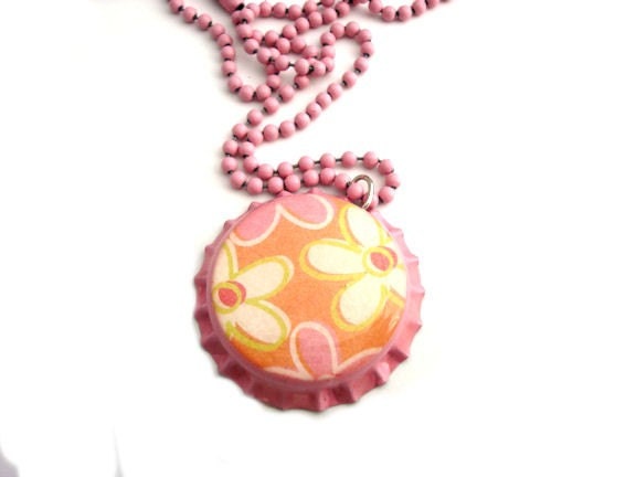 Mod Flowers -- fun bottle cap necklace on pink chain