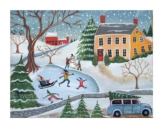 COZY CHRISTMAS LANDSCAPE Original Folk Art Painting WENDY PRESSEISEN  Snowman Sled Xmas Tree Skaters FUN FUNKY  WINTER SCENE 