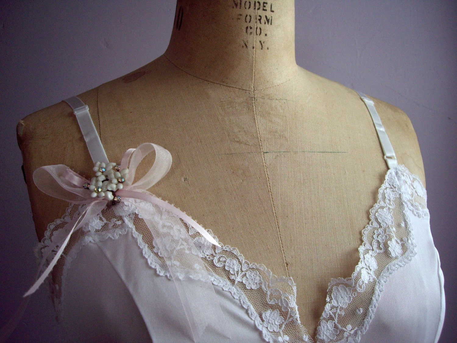 No. 2 Vintage White Camisole. Pink Ribbon. Lingerie. S