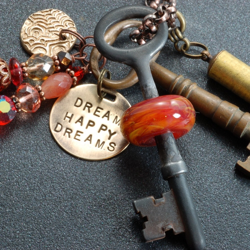 Dream Happy Dreams Twilight Inspired Boro Glass Beaded Vintage Skeleton Key Necklace