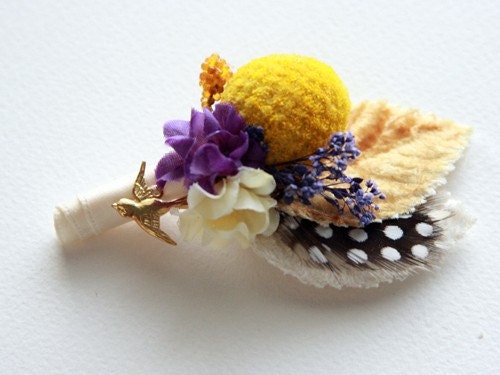RESERVED for hafeather17 - Custom Order - 4 of 8 pieces - Wedding boutonniere, silk flower, feather, mustard yellow, brass bird charm
