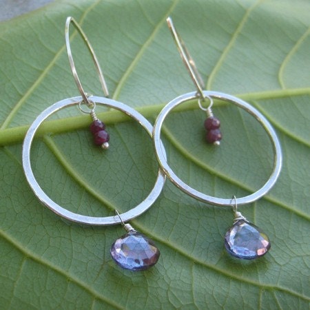Mystic Topaz Hammered Hoop Earrings with India Ruby Accents