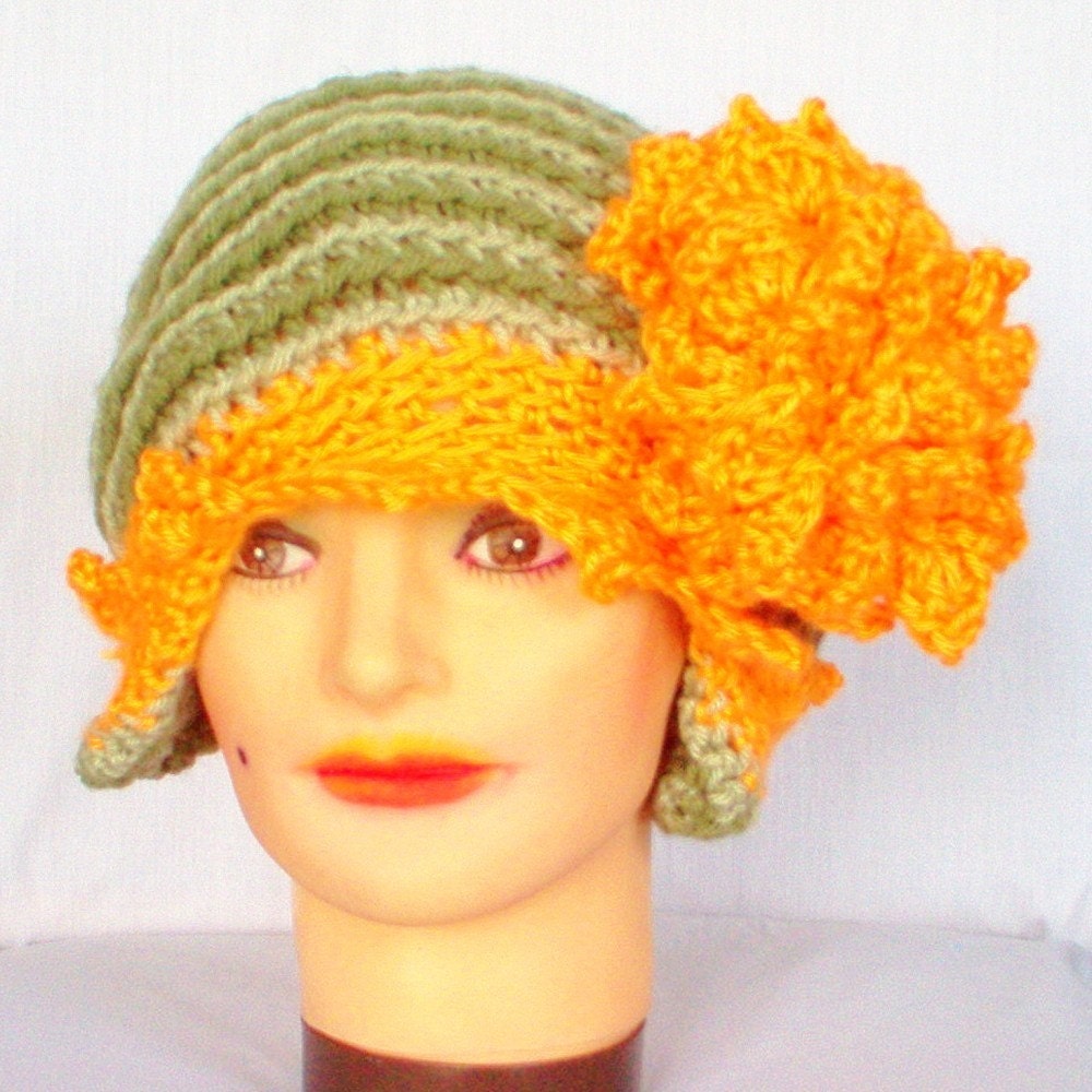 Custom Made Sage And Orange Cloche Hat 