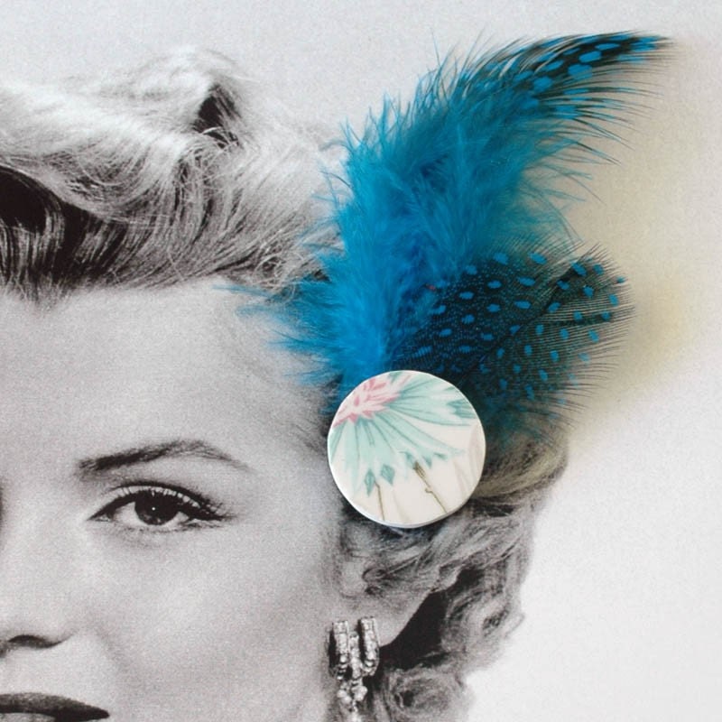 New Broken Plate Hair Clip with Feathers - turquoise blue and pink