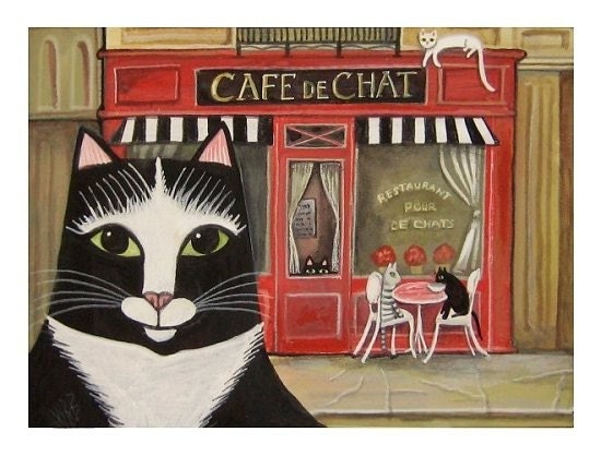 CATS CAFE Cafe de Chats SIGNED FOLK ART PRINT Paris Chic FRENCH KITTY Wendy Presseisen 