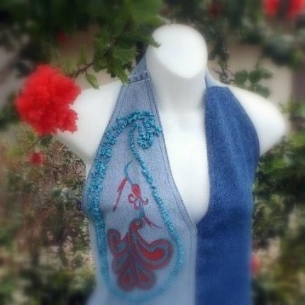 Completely hand made and  recycled denim dress with red paisley and turquoise beading 