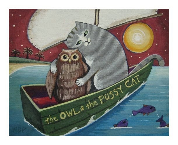 OWL and PUSSY CAT ART PRINT  Folk Art Poster Wendy Presseisen CATS OWLS BOAT 8 1/2 X 11