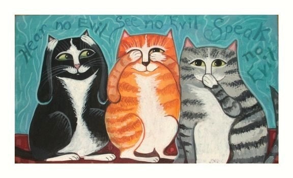 THREE CATS FOLK ART PRINT See Hear Speak no evil Kitties Monkey Style SIGNED ART POSTER Cute AQUA Sale