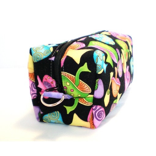 NEW STYLE Box Zipper Pouch from Sew Darn Simple - Psychedelic Mushrooms on Black