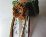 On the Prairie Lariat Scarflette Neckwarmer Cuff Lightweight Grass Green with Leather and Fabric Strips and Flower