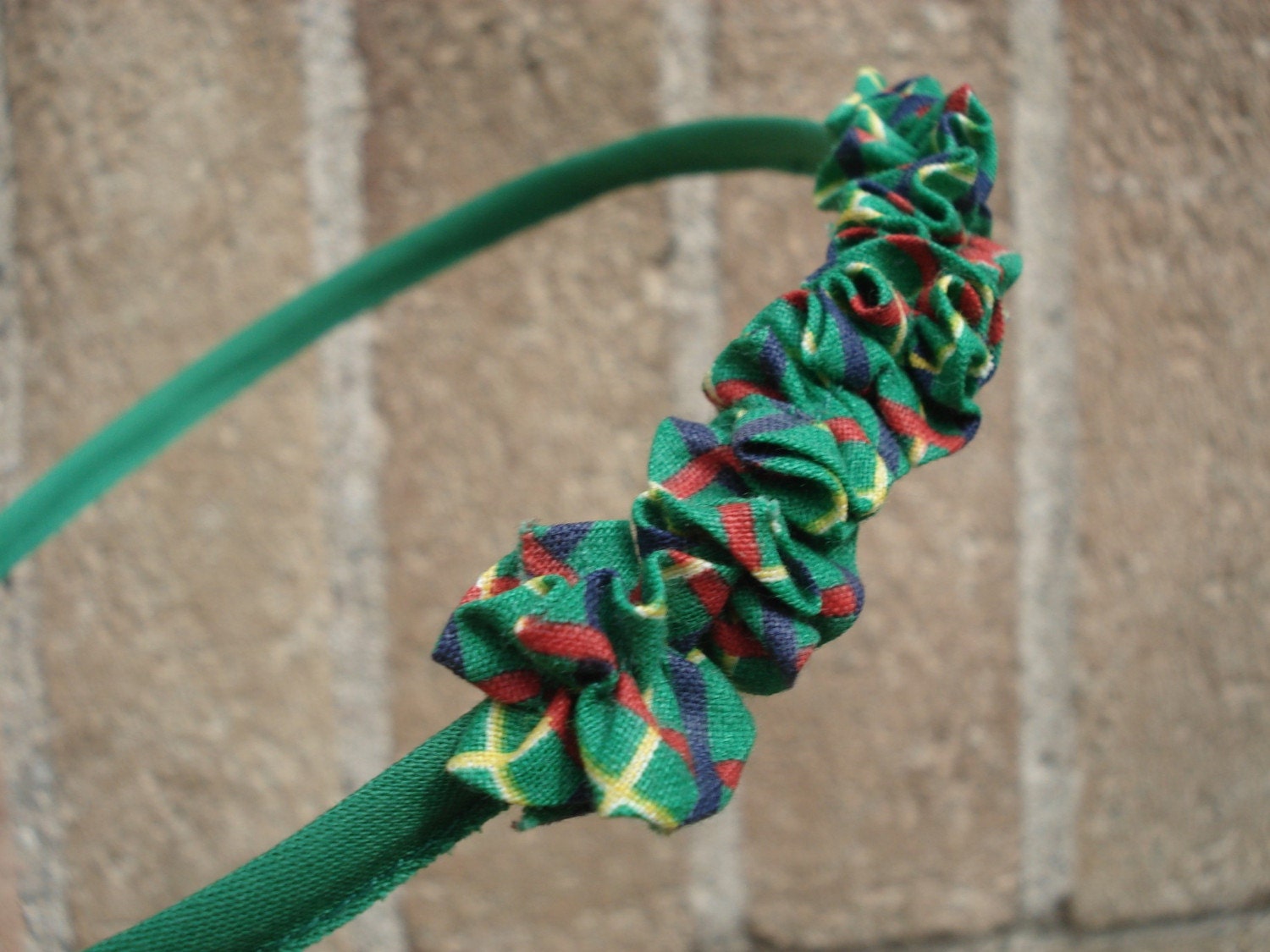 One of a Kind Tiny Ruffles Headband in Green, Red and Yellow Plaid