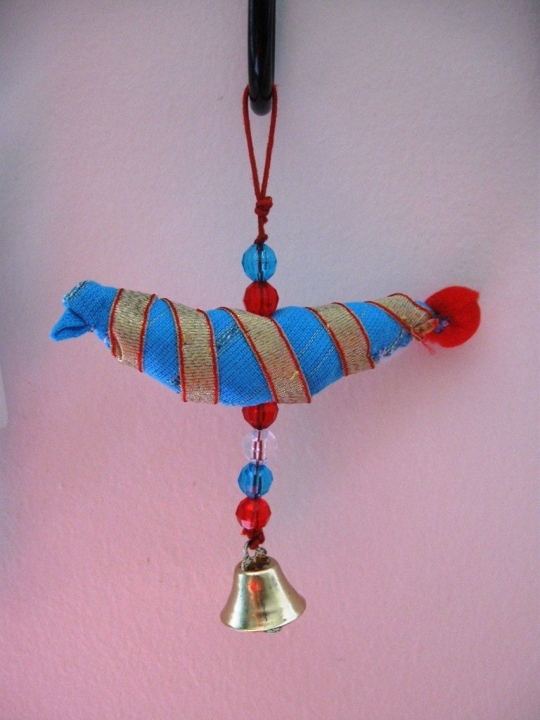 Blue sparrow dangler with beads and bell