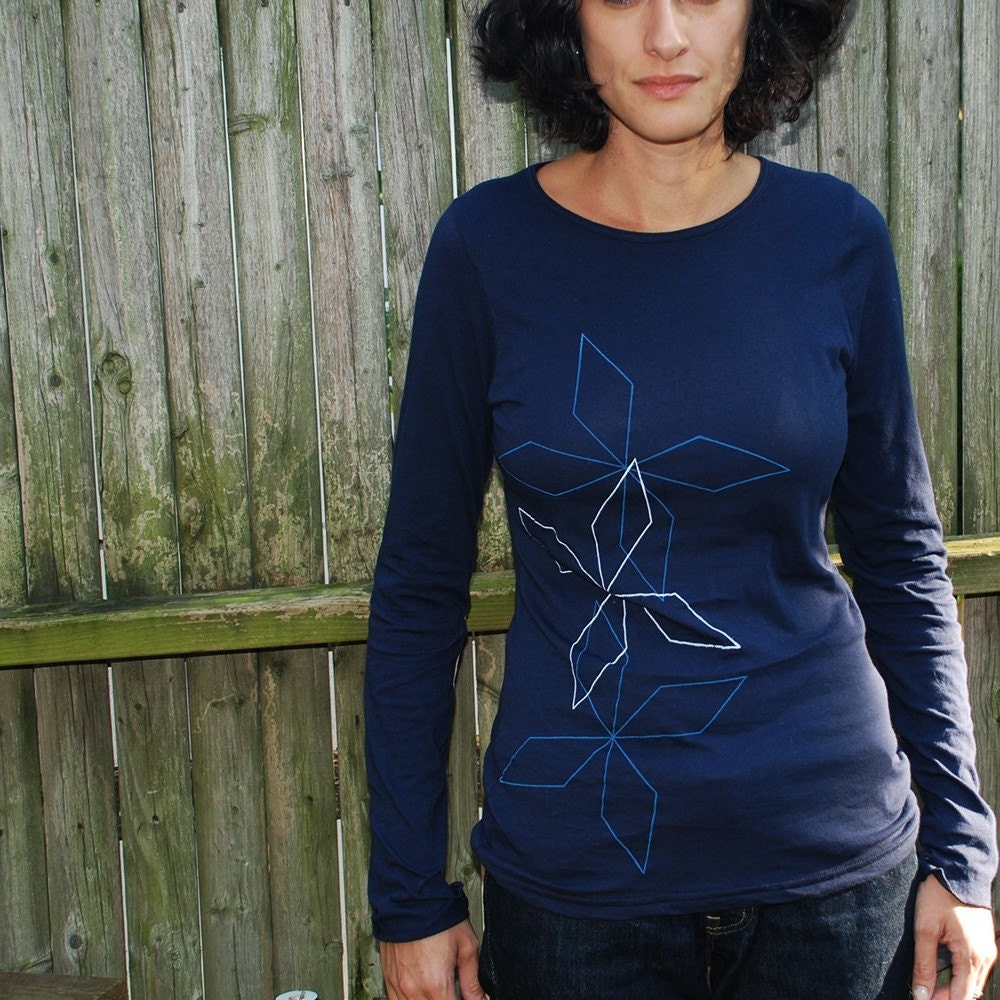 Womens Navy Blue silkscreen printed shirt (diamonds) long sleeve