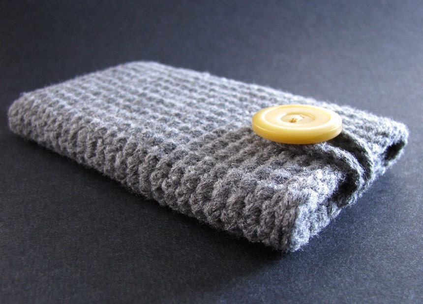 Handmade iPhone, iPod touch case- grey with yellow button