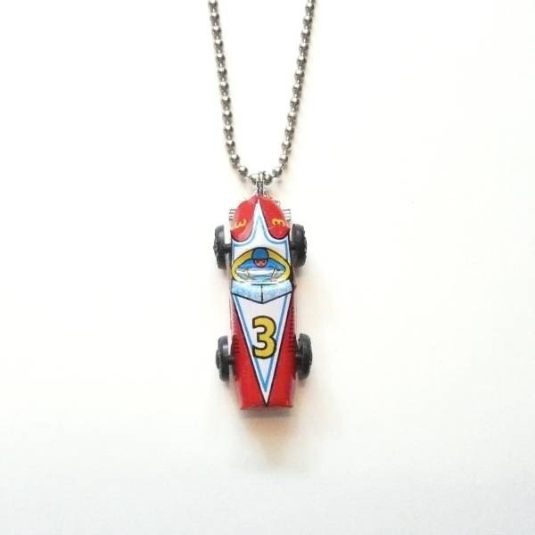 Artist Aid For Japan Little Vintage Tin Litho Race Car on Chain Necklace