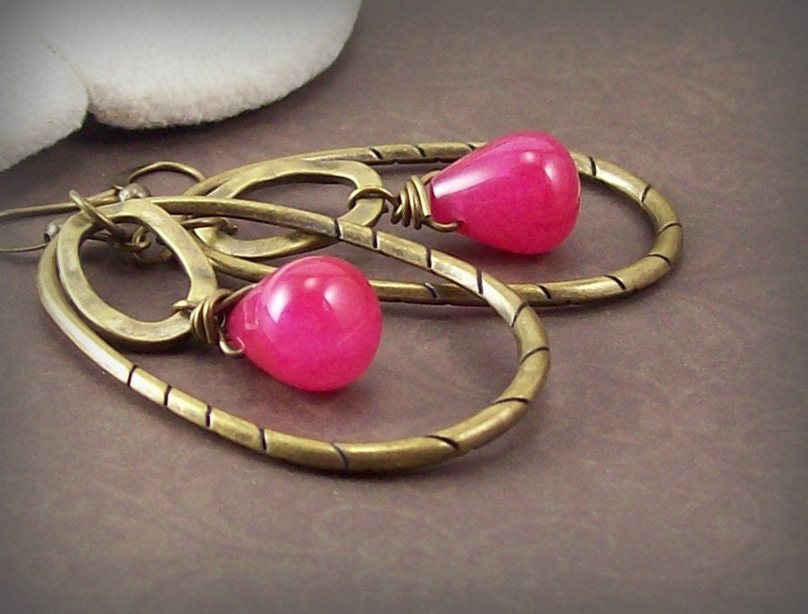 Raspberry Kiss Earrings - Hot Pink Candy Jade with Antique Gold Hoops