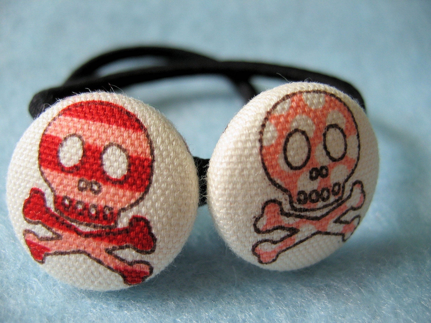 Red and Pink Skulls - Fabric Covered Button Ponytail Holder