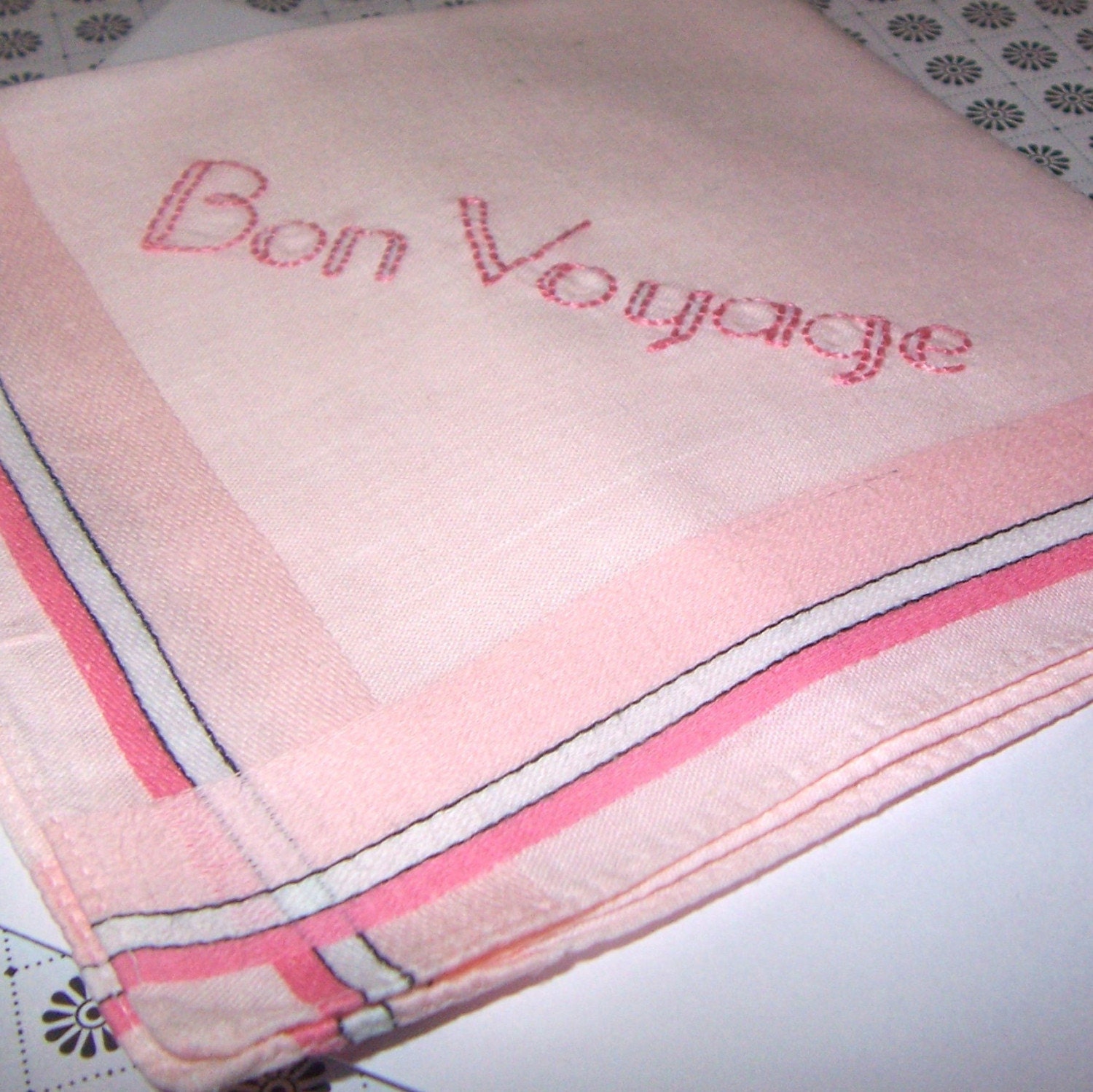 Hand Embroidered Vintage Handkerchief -- Pink with Stripes -- BON VOYAGE Embroidery