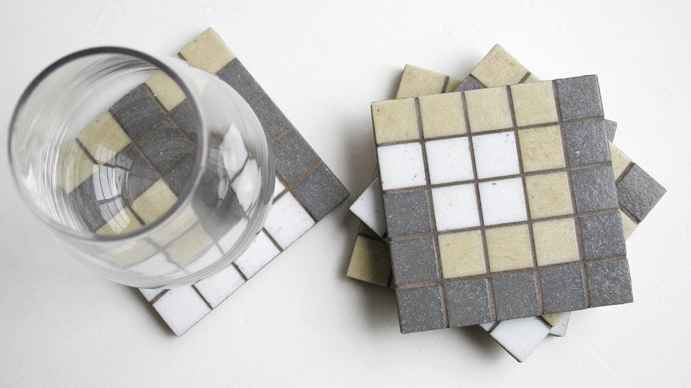 Mosaic Coasters - Modern white gray and tan