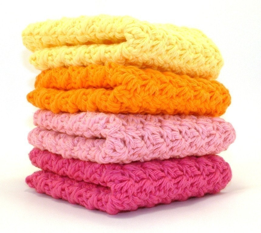 Crochet Dishcloths in Bright Pink, Pink, Orange and Yellow