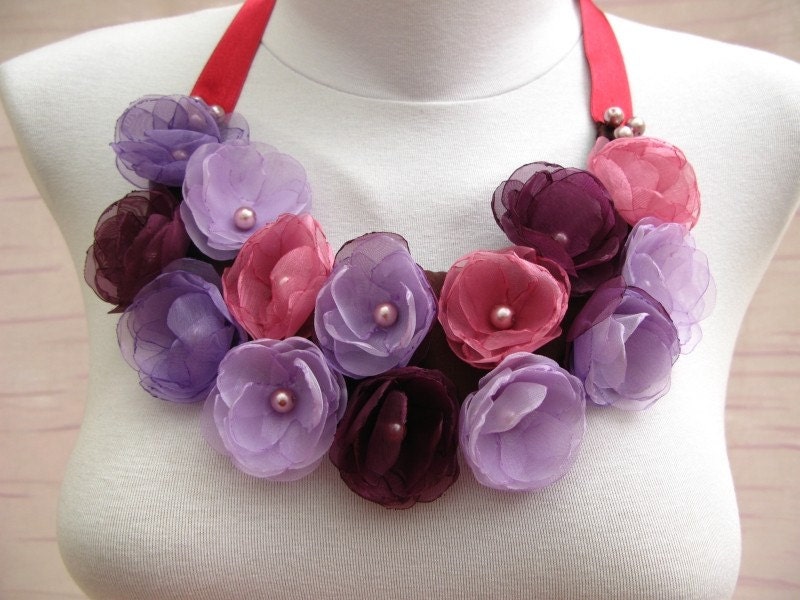 Rose Garden Bib Style Necklace with Eggplant Purple, Dark Peach, Lilac Color Organza   Fabric Roses and Glass Pearls on Satin Fabric (OOAK)