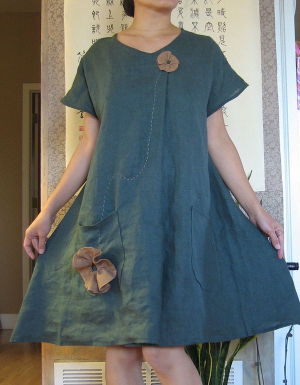 Ginger hand pleated flowers linen dress with two pockets custom order listing