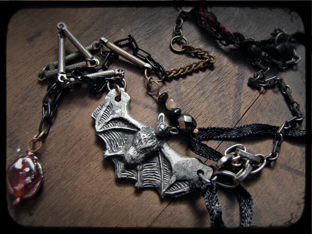 bats - salvage pewter bat necklace - clearance