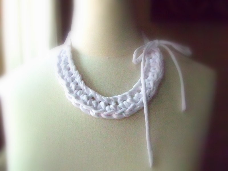 Whiteness necklace - crocheted cotton strips necklace in white color