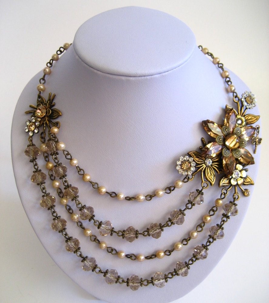 PHOEBES FLOWER 4 Row Asymetrical Necklace with Vintage Pearls and Light Colorado Topaz Swarovski Crystals in Antiqued Brass