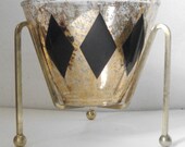 vintage Black and Gold Diamond Harlequin Serving Bowl / Ice Bucket with Tripod Stand
