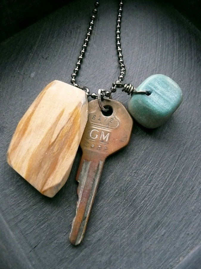 Things Found - Unisex - Key, Wood, Stone Necklace.