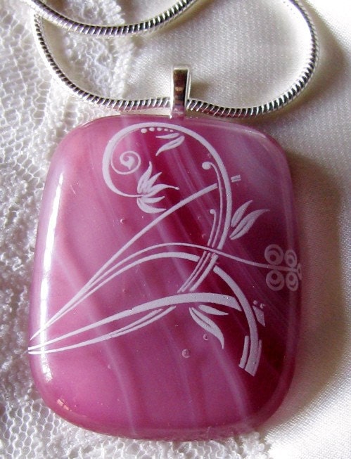 Handmade Pink Fused Glass Indian Flower Pendant, Sterling Silver Chain, Bail