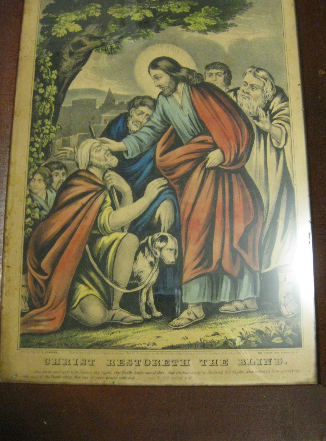 1846 Christ Restoreth the Blind Antique Currier Hand Colored Lithograph