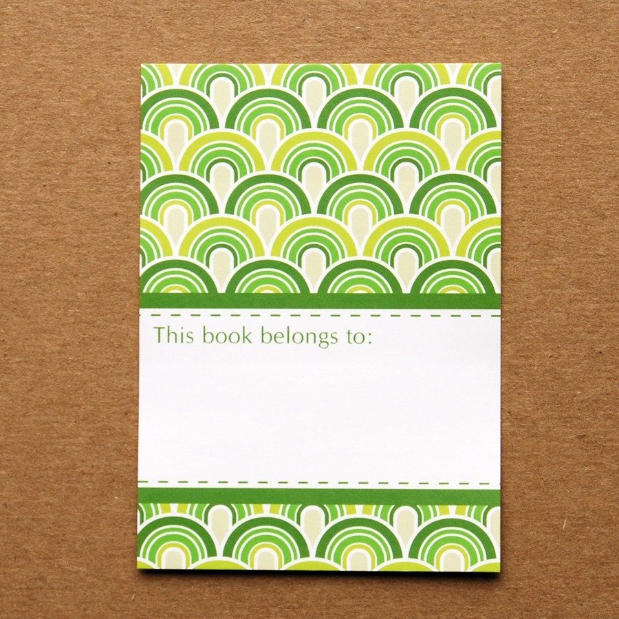 Green Retro Bookplates - Set of 10