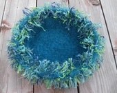 Fuzzy felted bowl, turquoise with trim, handmade, ships immediately