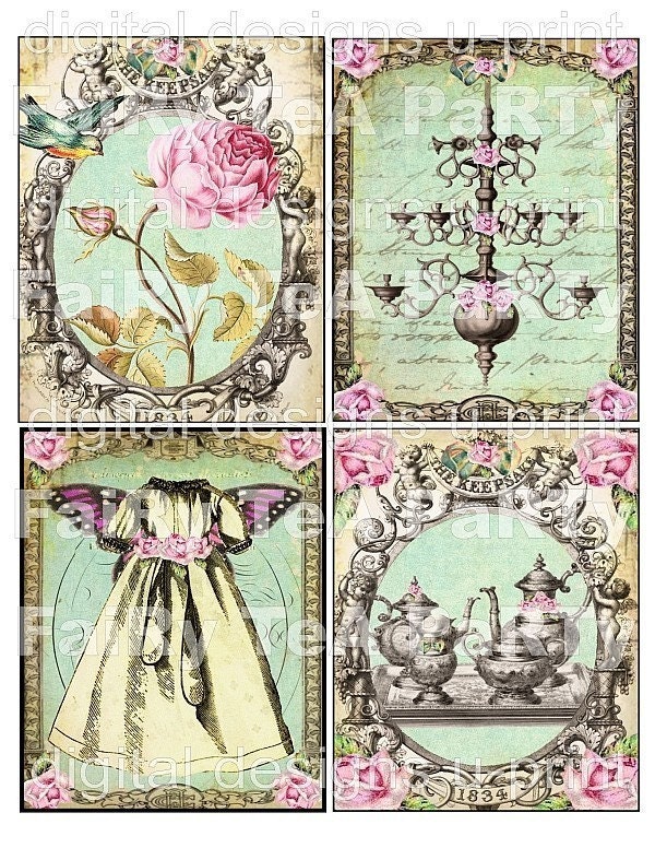 WHiMSiCaL FaiRy TeA PaRTy DIGITAL COLLAGE SHEET aged stained backgrounds antique roses frame postcards vintage altered art hang tags handmade greeting card making supplies hang tags books journals scrapbooking download kit