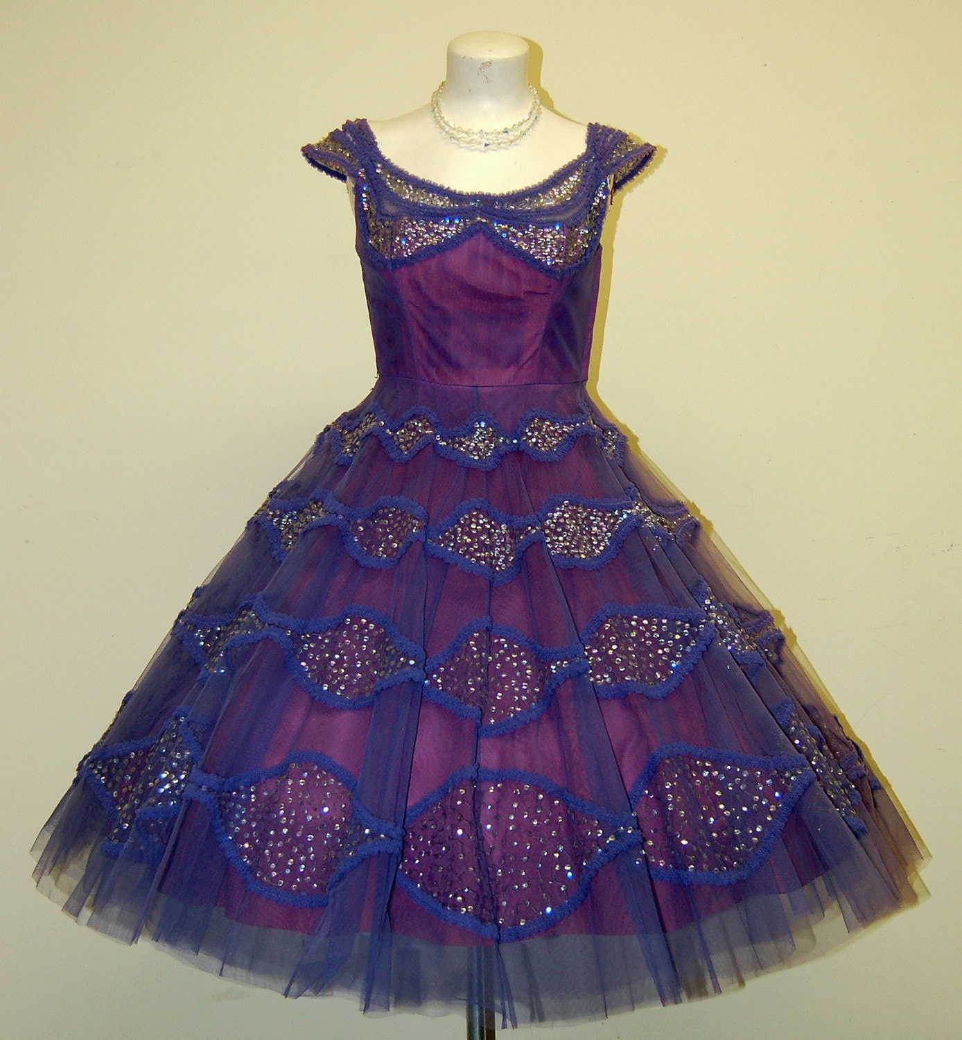 1950s Vintage- Off Shoulder- Purple Net-Irredescent Sequins-Nipped Waist-Full Skirt-Ruffles-Cupcake-Pinup-Bombshell-Rockabilly-Evening-Cocktail-Prom-Formal- Part Dress