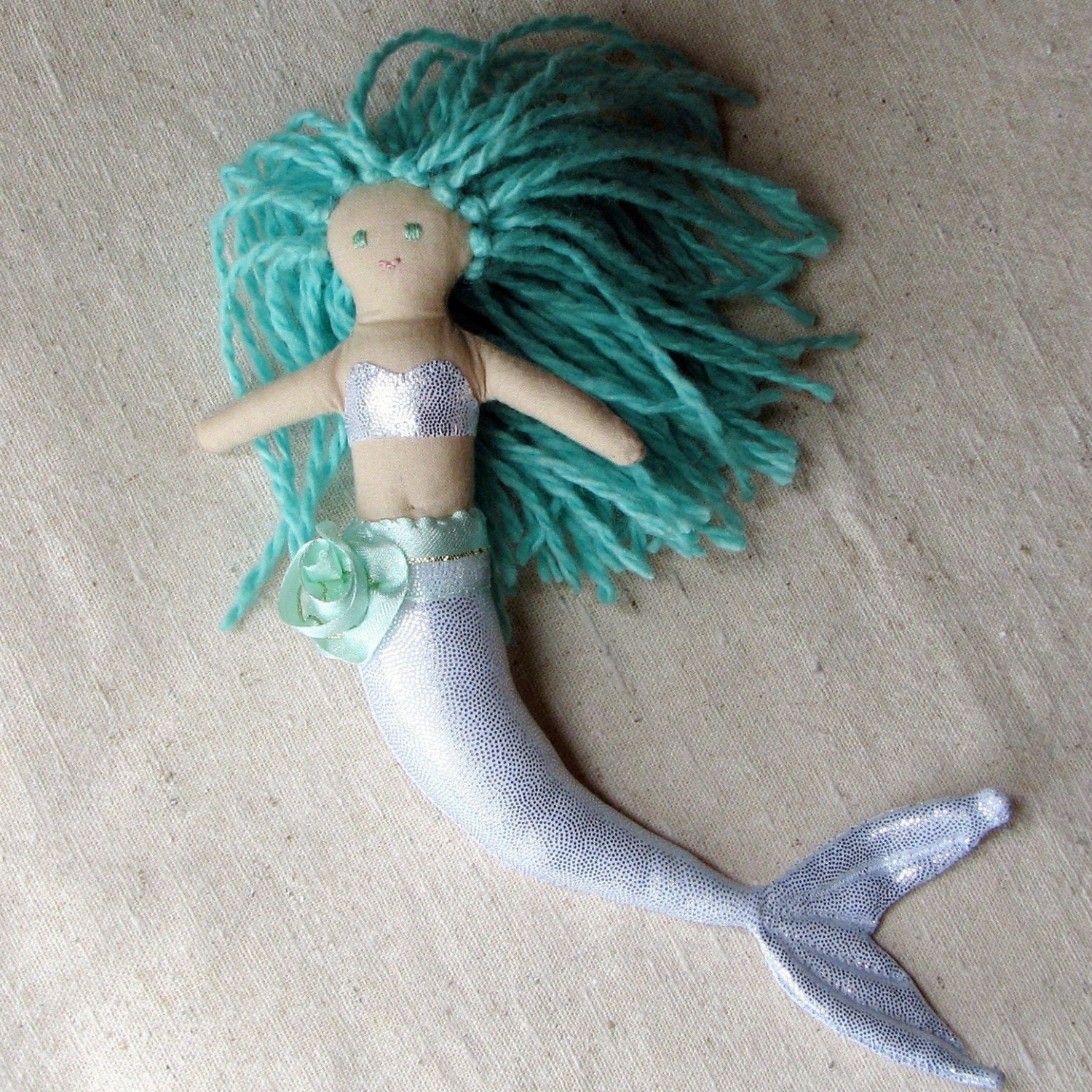 Mermaid cloth doll, sparkly silver with aqua green hair