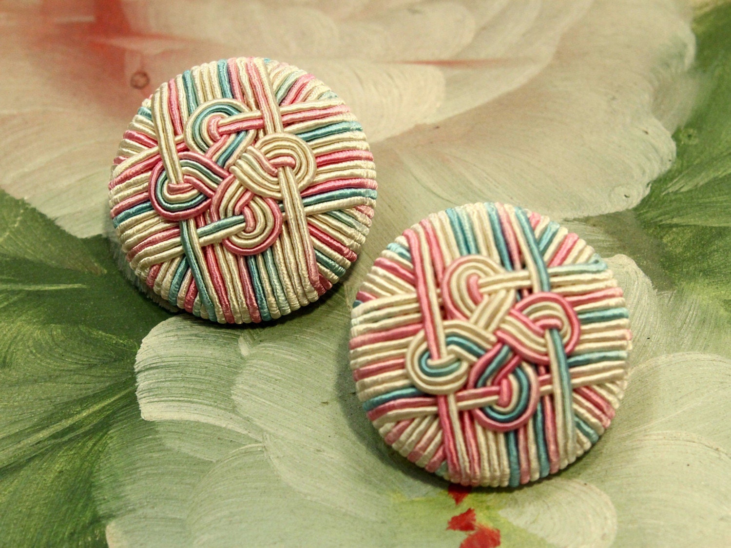 1 Pair - Pastel Color - Hand Embroidered Celtic Knot Buttons - 29mm